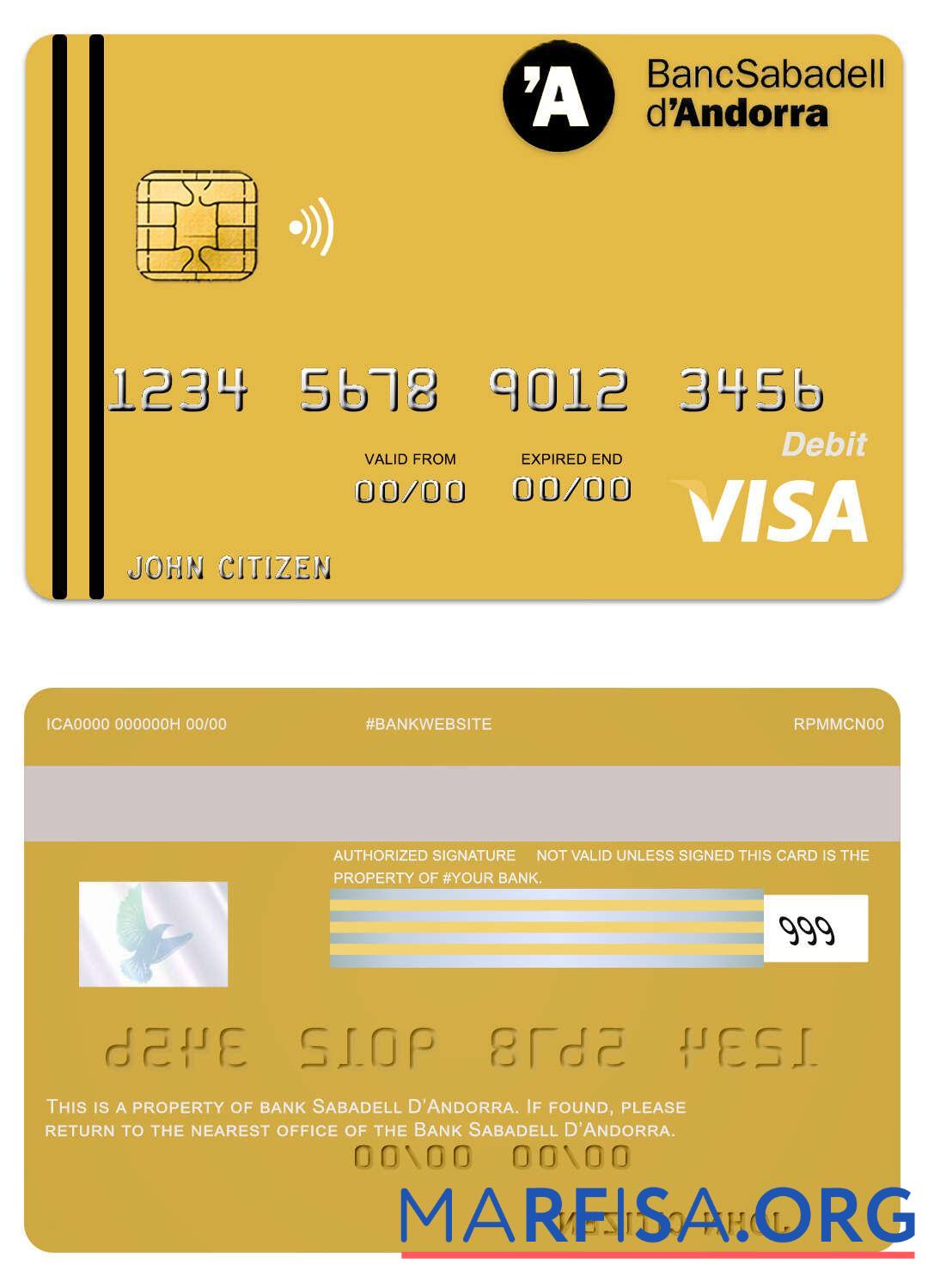 Downloadable Andorra Bank Sabadell bank visa card example